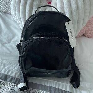 Calvin Klein Estelle Patent & Sherpa Black with silver hardware Backpack NWT $60